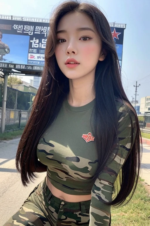 close-up of beautiful North Korean female, very long hair, straight hair, 38 inch breasts size, tight camouflage short-sleeved t-shirt, tight camouflage legging pants, in the military training camp, morning, seeing billboard is behind, Military training camp background, UHD