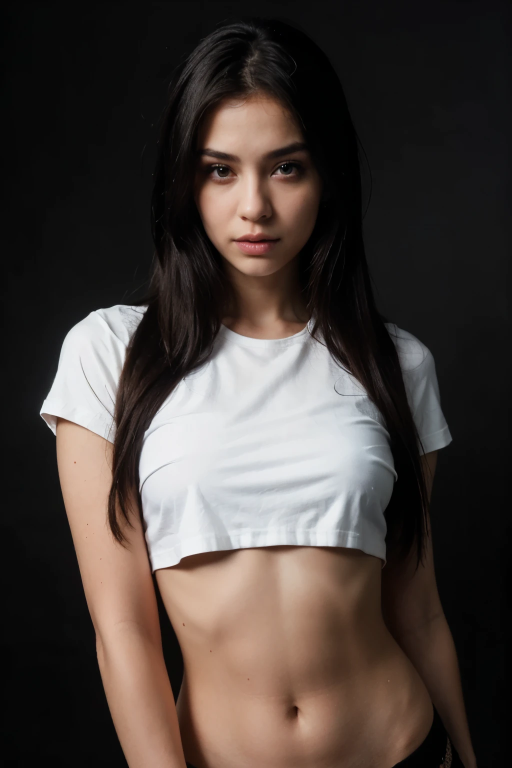 Beautiful girl wearing thin white mini shirt With Black background cyberpunk