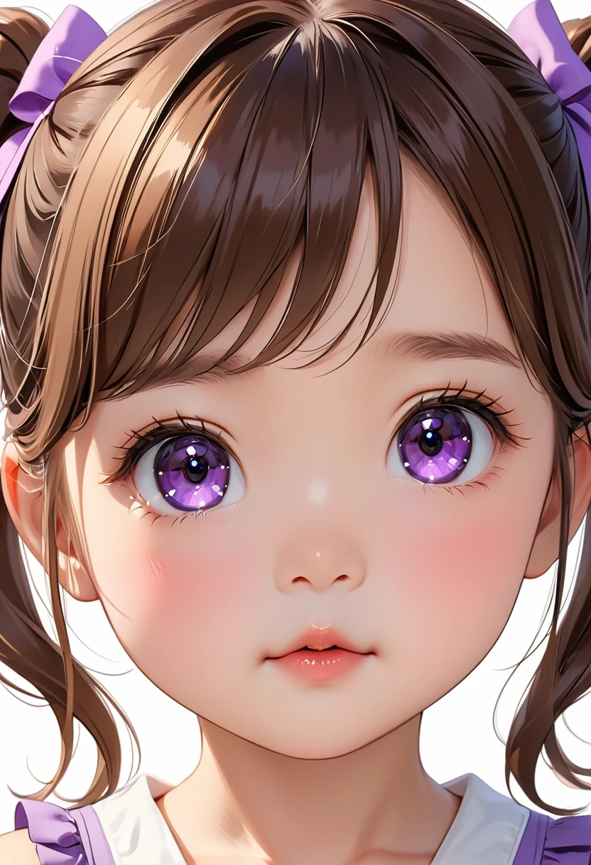 masterpiece, best quality, Super beautiful illustrations, Very cute little girl, Very detailed beautiful face, looking at the audience, Close-up of face, looking at the audience, 4k, high resolution, Ribbon, blush, Double ponytail hairstyle, White background, Simple background, Purple Eyes, brown hair,