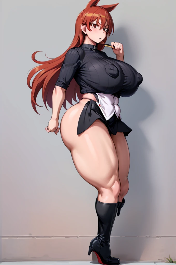 One Girl,Precise five fingers,{Knee-high socks}、(((Wide Hips)))、 (((plump and thick thighs)))、((Big Ass))、(Big Breasts) Embarrassed look,whole body、Long Hair、Sexy pose,Black footwear、Black Hair、blonde、Short skirt、