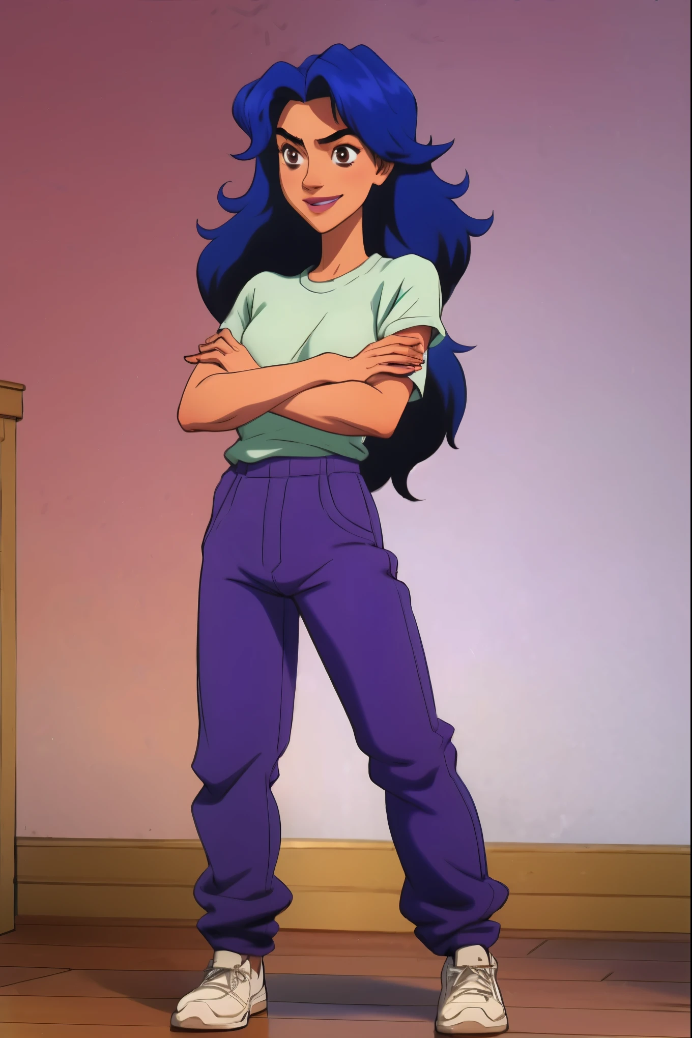 W.I.T.C.H., Susan Vamdom, brown eyes, long hair, blue hair, perfect body, brown skin, full body, light nlue shirt, purple pants, crossed arms, smilling