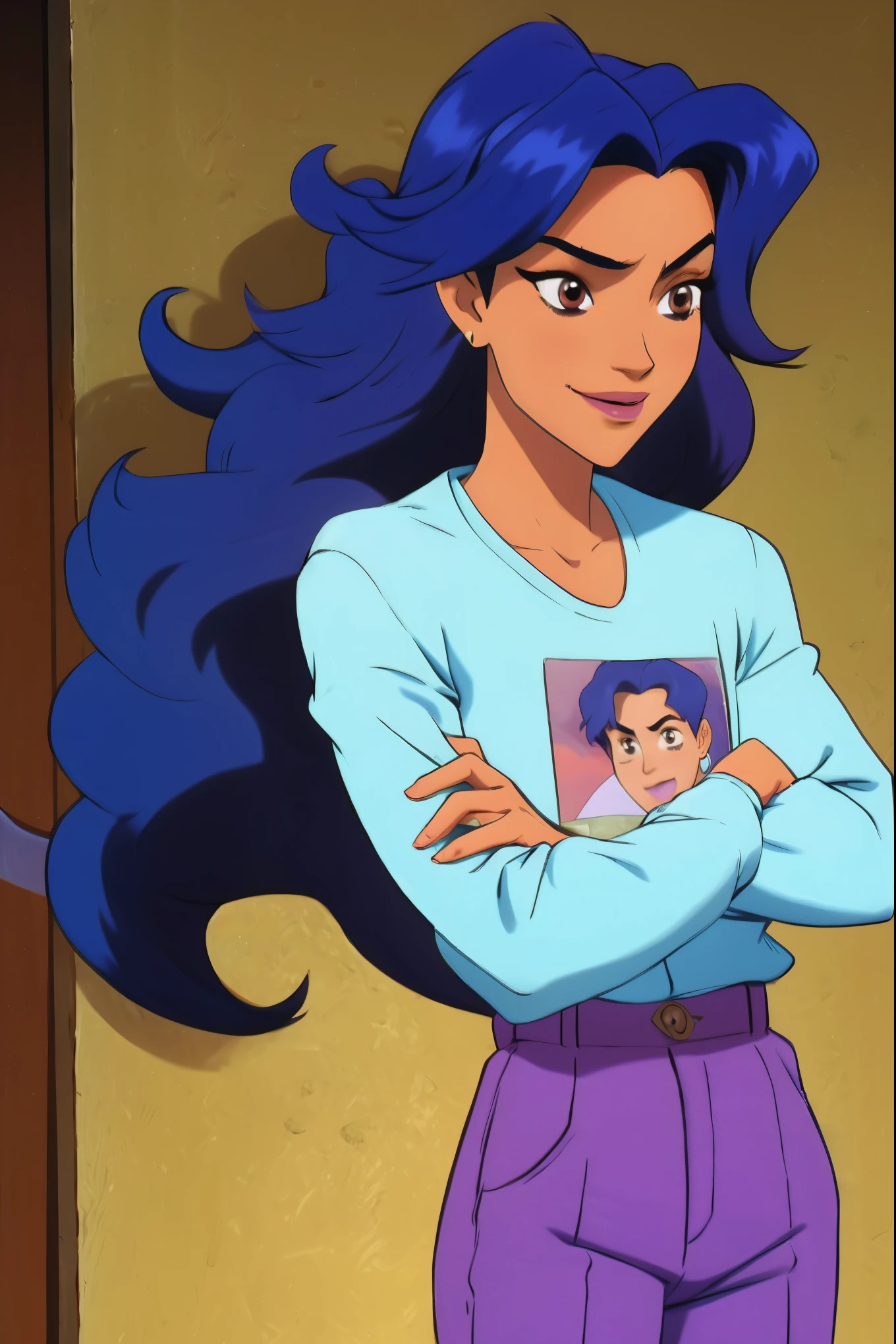 W.I.T.C.H., Susan Vamdom, brown eyes, long hair, blue hair, perfect body, brown skin, full body, light nlue shirt, purple pants, crossed arms, smilling