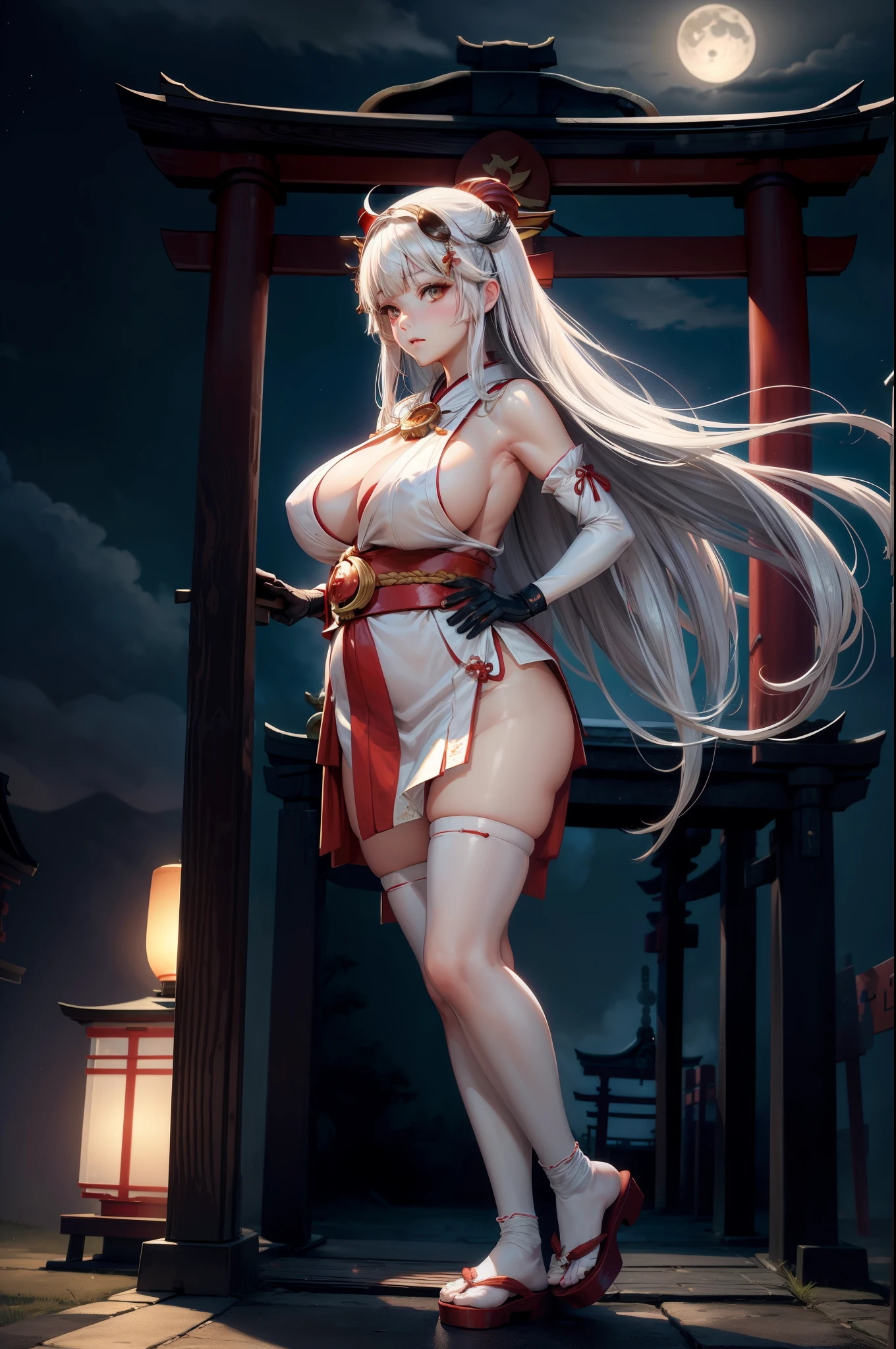 a beautiful girl, Beautiful face, Beautiful body, Plump, ((shrine maiden)), Priestess clothing, white hair, gloves, long hair, bangs, blunt bangs, hair decoration, full body visible, Japanese Shrine, torii gate, Lamp , wide angle, Moonlight, 8k, accurate, anatomically correct, textured skin, high detail, best quality