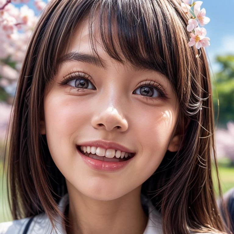 Best_Quality, HDR, masterpiece, Hi-Res, (realistic and photorealistic with touch of rawness:1.37), (group photo:1.6), ((SchoolGirls Surrounding the camera in Upward composition)), Panoramic, (Full of many Faces), (NOGIZAKA face variations:1.4), { Looking down at the camera | (Kissing face to face) }, (((close:1.2, Face closeup from below:1.4))), (((Sky background)) with CherryBlossoms) . BREAK Extremely Detailed KAWAII face variations, captivating gaze, elaborate detailed Eyes with (sparkling highlights:1.32), long eyelashes、Glossy RED Lips with beautiful details, Coquettish tongue, Rosy cheeks, Glistening ivory skin . { (Dynamic joyful expressions) | (:D) | (Kissing) }, Childish, SchoolUniform, { Bangs | Hime cut | OKAPPA }