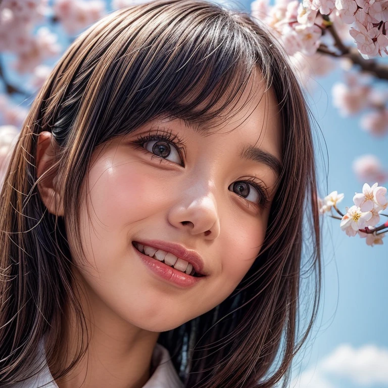 Best_Quality, HDR, masterpiece, Hi-Res, (realistic and photorealistic with touch of rawness:1.37), (group photo:1.6), ((SchoolGirls Surrounding the camera in Upward composition)), Panoramic, (Full of many Faces), (NOGIZAKA face variations:1.4), { Looking down at the camera | (Kissing face to face) }, (((close:1.2, Face closeup from below:1.4))), (((Sky background)) with CherryBlossoms) . BREAK  Extremely Detailed KAWAII face variations, captivating gaze, elaborate detailed Eyes with (sparkling highlights:1.32), long eyelashes、Glossy RED Lips with beautiful details, Coquettish tongue, Rosy cheeks, Glistening ivory skin . { (Dynamic joyful expressions) | (:D) | (Kissing) }, Childish, SchoolUniform, { Bangs | Hime cut  | OKAPPA } 