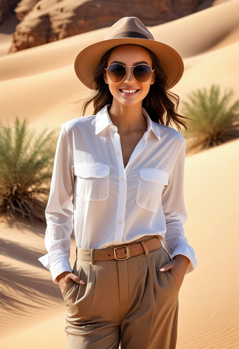 ((best quality)), ((masterpiece)), ((Practical)), ((best quality)), ((masterpiece)), ((Practical)), Girl walking in the desert, Look tired, wearing a baggy,Long-sleeved shirt and pants, hat, sunglasses, very beautiful, Wear it at eye level in a natural and casual style, breath-taking scenery, masterpiece, (High resolution), The original, extremely detailed 8K , (photoPractical:1.4),flawless face, Perfect eyes,Symmetrical body shape,Smile,