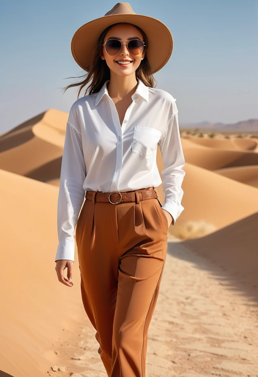 ((best quality)), ((masterpiece)), ((Practical)), ((best quality)), ((masterpiece)), ((Practical)), Girl walking in the desert, Look tired, wearing a baggy,Long-sleeved shirt and pants, hat, sunglasses, very beautiful, Wear it at eye level in a natural and casual style, breath-taking scenery, masterpiece, (High resolution), The original, extremely detailed 8K , (photoPractical:1.4),flawless face, Perfect eyes,Symmetrical body shape,Smile,