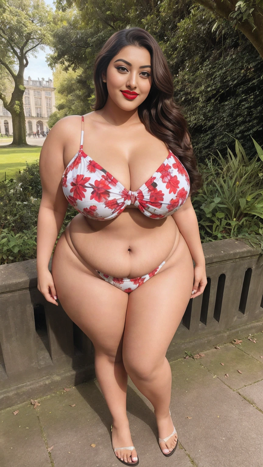 Madhubala an Indian sexy curvy plus size body beautiful actress in a SHEIN Swim Summer Beach 3pack Ditsy Floral Micro Triangle Bikini Swimsuit & Beach Skirt and red lipstick posing for a picture, camera front facing, smilling face, head to toe view, full body shot, hourglass body shape, curvy plus size body, bigger waist, busty, big hips, fleshy thighs, thick thighs, busty, full body view, head to to view, american woman, full body shot, sexy girl, beautiful curves, curvy model, attractive curves, attractive feminine curves, gorgeous woman, Cinquanten aire Park, Belgium: Large public park in Brussels with impressive arches and gardens