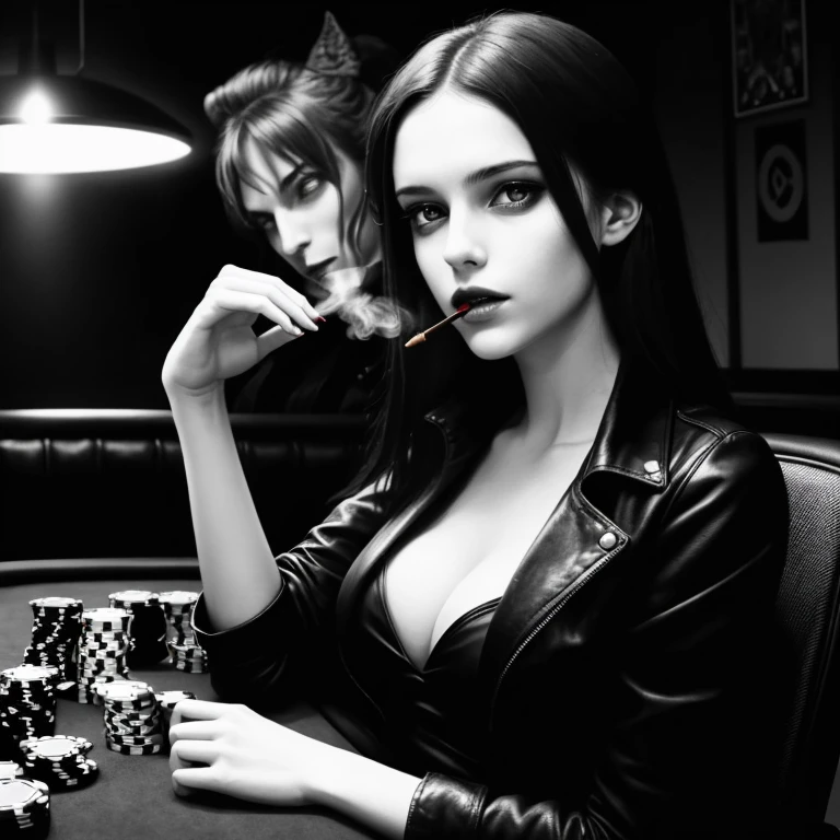 Beautiful young woman playing poker with a demon at a table smoking and drinking somewhat worried, quality black and white comic style, dark scene in the background