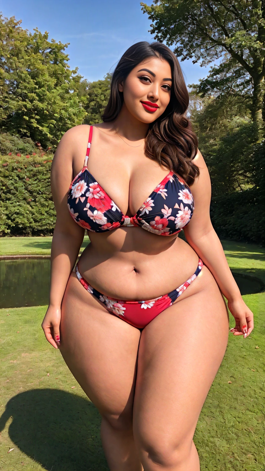 Madhubala an Indian sexy curvy plus size body beautiful actress in a SHEIN Swim Summer Beach 3pack Ditsy Floral Micro Triangle Bikini Swimsuit & Beach Skirt and red lipstick posing for a picture, camera front facing, smilling face, head to toe view, full body shot, hourglass body shape, curvy plus size body, bigger waist, busty, big hips, fleshy thighs, thick thighs, busty, full body view, head to to view, american woman, full body shot, sexy girl, beautiful curves, curvy model, attractive curves, attractive feminine curves, gorgeous woman, Cinquanten aire Park, Belgium: Large public park in Brussels with impressive arches and gardens
