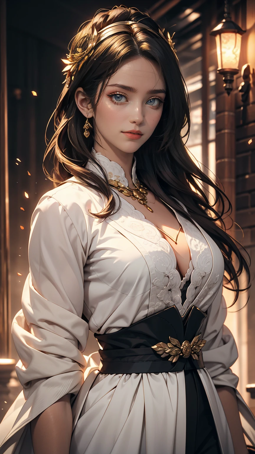 Very beautiful young woman, Subtle makeup, Golden Hour, Realistic, High Contrast, 8K HD, detailed, hyper-detailed, Realistic skin texture, Long black hair, Large Breasts, highest quality, Ultra-high resolution, RAW Photos, Dramatic lighting, Unreal Engine, Diffused glow complex silver airbag, White Emperor's Cape, gun, sword, Rudderless