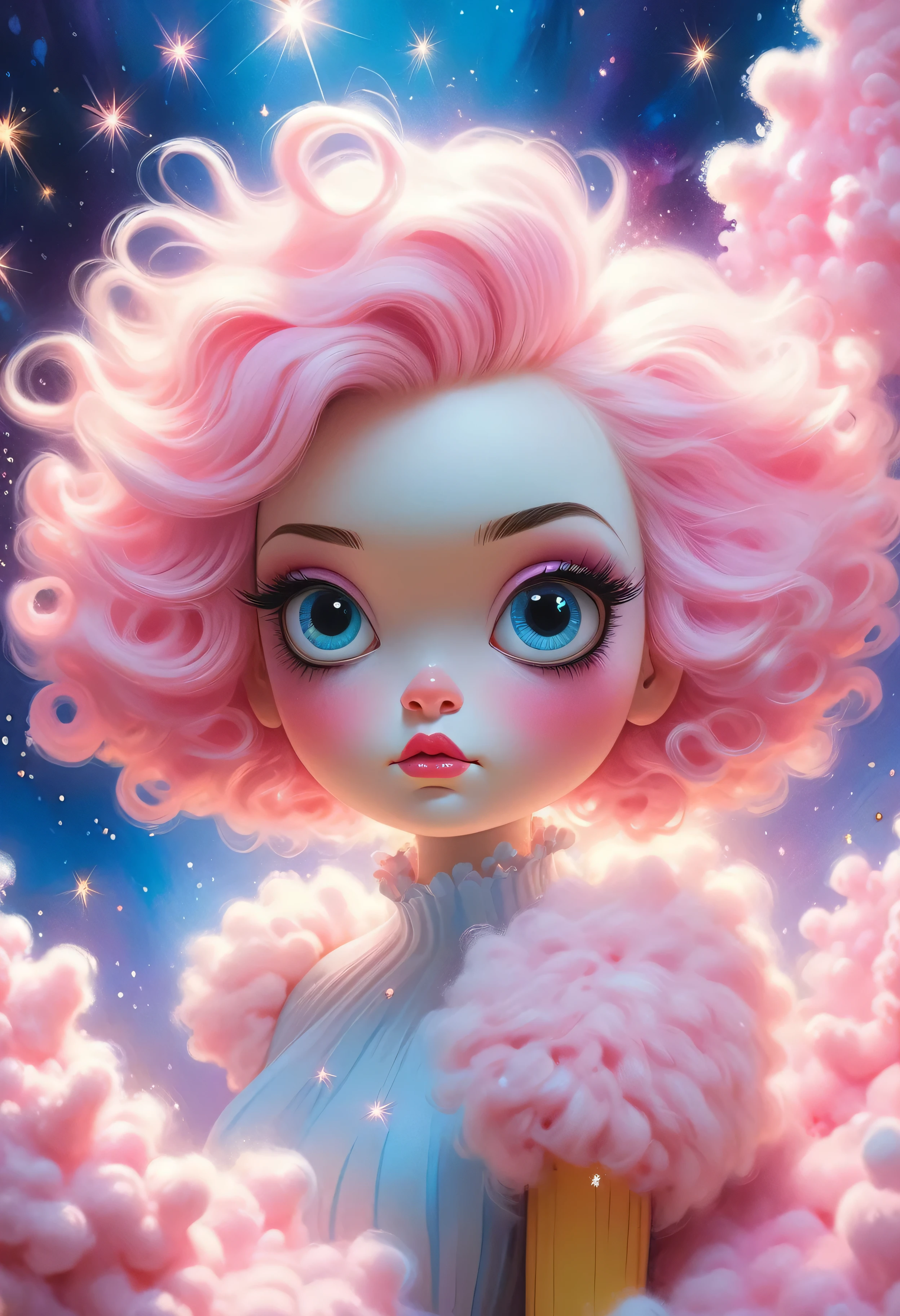 white and pink, fluffy, 1girl, solo, (photorealistic:1.4), official art, unity 8k wallpaper, ultra detailed, beautiful and aesthetic, masterpiece, best quality, (dynamic angle:1.4), glowing skin, (floating colorful sparkles:1) the most beautiful form of chaos, elegant, vivid colours, romanticism, 35mm film, 35mm photography, 8k uhd, hdr, by Mab Graves, dynamic angle, Gouache paint