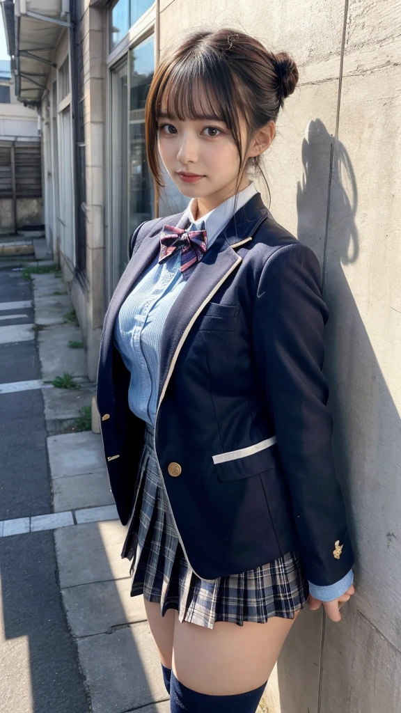 masterpiece, best quality, illustration, Super detailed, fine details, High resolution, 8K,wall paper, perfect dynamic composition,(Details High quality, realistic depiction of eyes:1.3), from side, High School Classroom、High school girl uniform、blazer 、Super Short Check Uniform Skirt、Navy blue high socks、garterbelts、Disturbed uniform,  (updo:1.2), black hair color, large breasts, Big Natural Color Lip, bold sexy pose, (perfect body shape), crying a little、20 year old girl、cute type, beautiful legs, hposing Gravure Idol, Voluptuous thighs