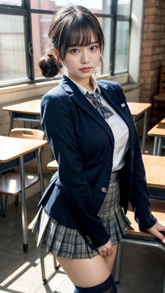masterpiece, best quality, illustration, Super detailed, fine details, High resolution, 8K,wall paper, perfect dynamic composition,(Details High quality, realistic depiction of eyes:1.3), from side, High School Classroom、High school girl uniform、blazer 、Super Short Check Uniform Skirt、Navy blue high socks、garterbelts、Disturbed uniform, (updo:1.2), black hair color, large breasts, Big Natural Color Lip, bold sexy pose, (perfect body shape), crying a little、20 year old girl、cute type, beautiful legs, hposing Gravure Idol, Voluptuous thighs