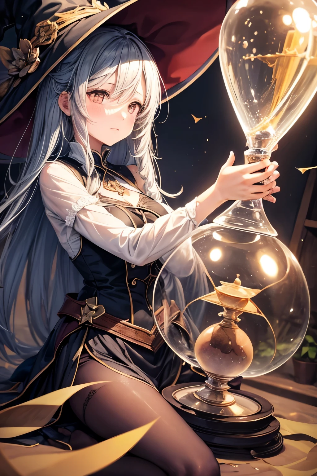Illustration of a witch girl hugging a large hourglass。The hourglass contains grey sand.、The glass is broken and sand is spilling out。The girl has a nervous look。