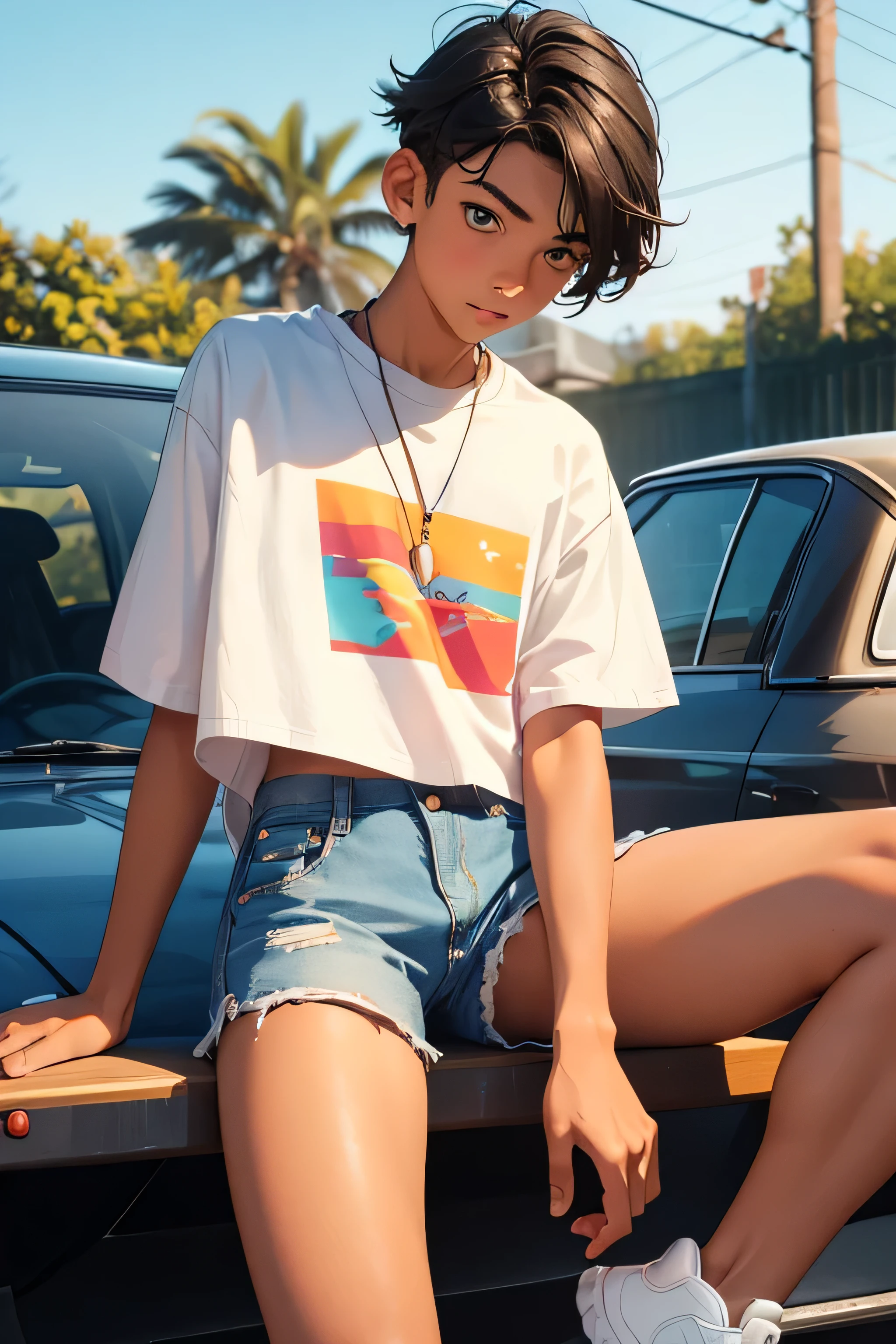 Teenage boy 15 years old, the boy is wearing a cropped shirt and too very much short mini shorts, the boy's legs are long and beautiful, his legs are very tanned, hot summer, top quality