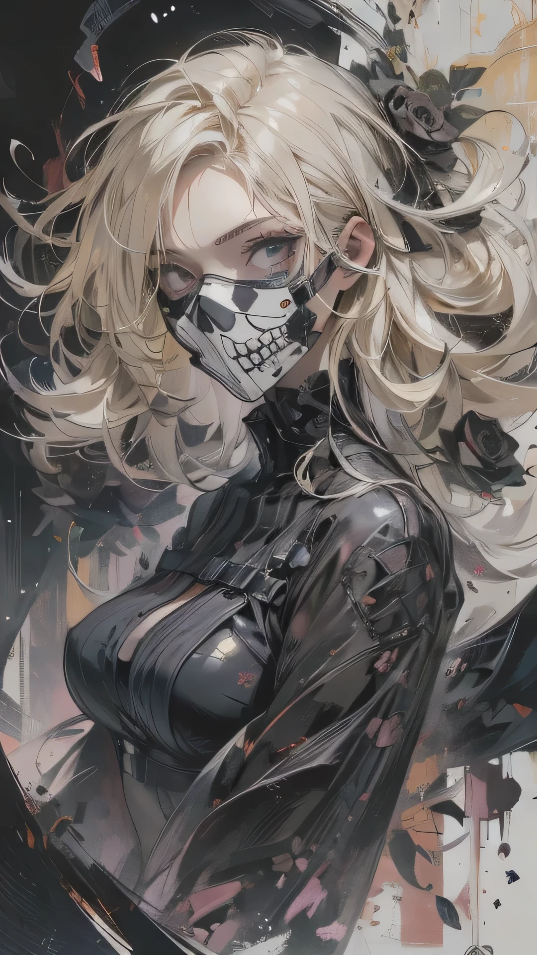 (masterpiece, High resolution, highest quality), Structure from head to thighs:1.3, Focus on the upper body, A 20-year-old woman wearing a large black cloth over her naked body.., skull face mask, Blonde Hair, Confused, Black Rose Collage, abstract design, artistic juxtapositions,mixed-media approach, Anime Style, Simple lines, Digital Painting,(White background),