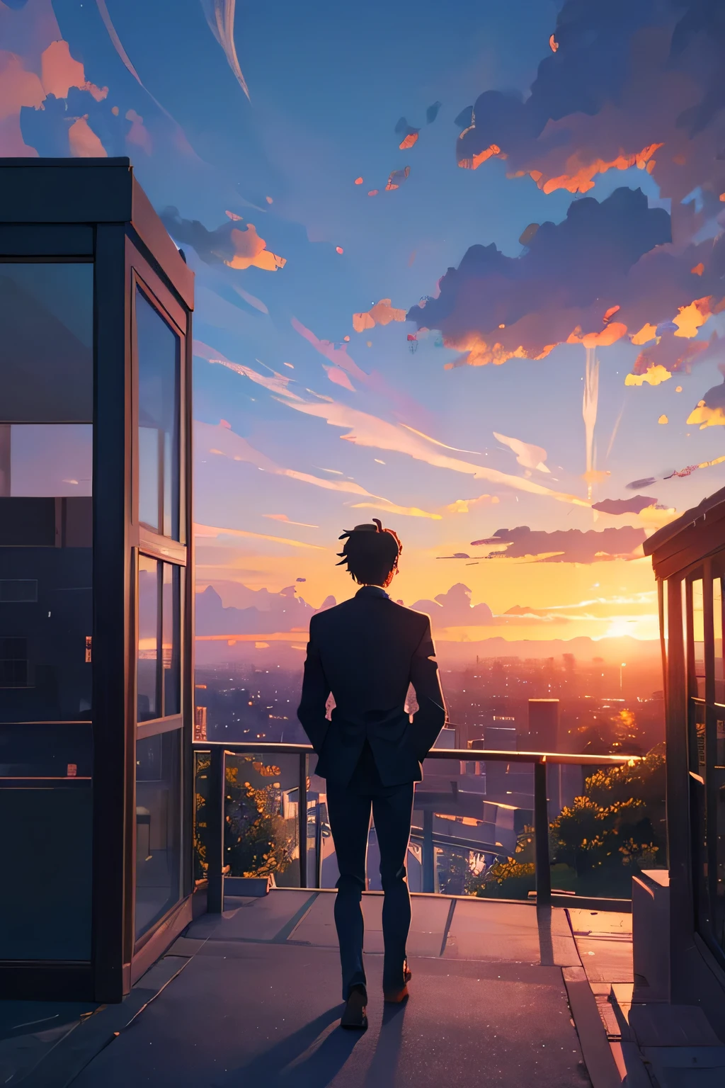 Create exquisite illustrations reminiscent of Makoto Shinkai's style, It has ultra-fine details and top-notch quality. Nostalgic sunset against the backdrop、Illustration of the silhouette of a male office worker walking with his jacket fluttering in the wind. Resolute stance, Coupled with the warm hues of the sunset, Evoke nostalgia and determination. This scene is、It captures the essence of a quiet and powerful moment, It symbolizes the strength of embracing both the past and the future.