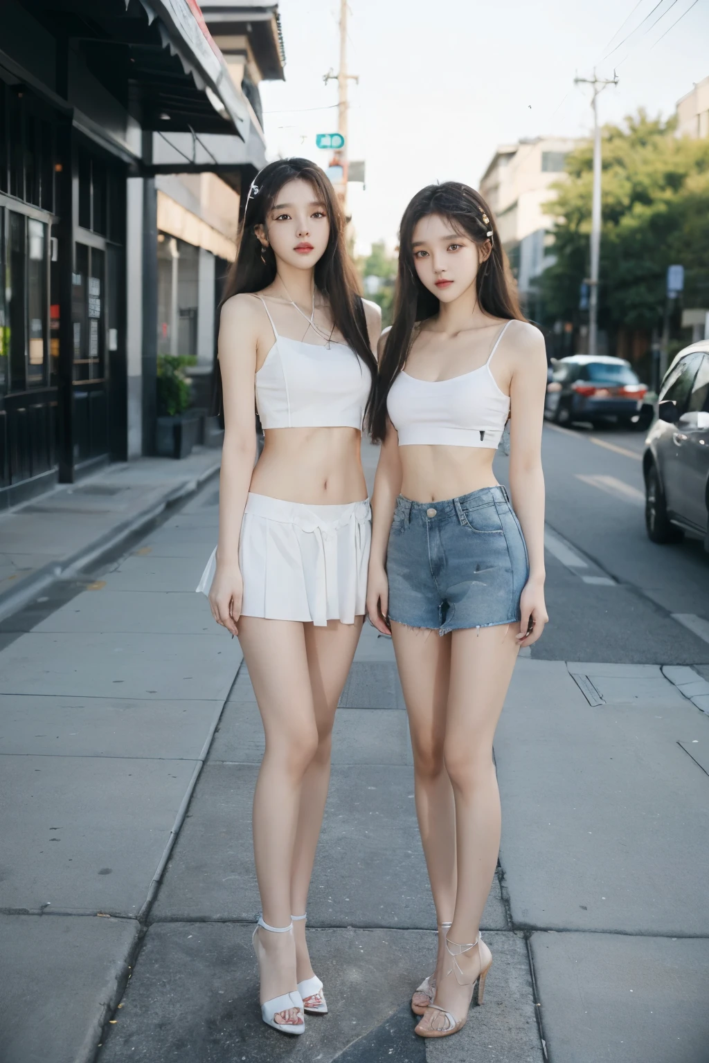 (8k、Raw photo、最high quality、masterpiece:1.5),((((Both of them stand with their legs apart:1.5)))),(((Both of them have an inseam that is more than half their height.))),((Bare legs)),((Both of them are extremely slim)),((They both have super slim legs)),((Both are 173cm tall)),((They are both the same height)),((((Both girls look exactly like K-pop star Wonyoung:1.5)))),((The two have perfect supermodel style: 1.2)),(((((Both of them take full body shots: 1.8))))), Super thin waist: 1.2, Thin buttocks,Open the navel,完璧なSuper thin thighs: 1.2),(((Both of them have amazingly slim figures.))),((Denim micro mini skirt)),((Both are 18 years old)),Erect nipples, Highly detailed face and skin texture,Symmetrical face, Beautiful Eyes, Beautiful Face,balanced eyes, Fair Asian Skin, Ultra-Realistic Details, Natural Shadows,(Very small hips),Large firm breasts, Super long thighs,(Super thin thighs),(Super slim calves),((Small Ass)),Super muscular body,Super toned waist,More emphasis on the abdominal muscles,((Both of them have super-strong abs)),Super thin waist,((White high heels)),(((Both of them are extremely exposed.:1.5))),lengthen limbs,(((Standing on the sidewalk in front of a stylish upscale restaurant:1.5))),(White short mini camisole),Hands on hips,Both of them face forward,(((Both of you should face your whole body straight ahead.:1.5))),Super long arms,Thin hands,(Long black hair),((Both of them stand up straight.)),(Keep your hips facing forward),Both of them are beautiful with 8-head body proportions.,Very thin ankles,The arms are very slender and muscular,The legs are super slender and muscular,Make your arms thinner,Super slim and muscular legs,Both of them have super long legs.,The middle of the thighs are very thin,Super muscular and extremely slim calves,Super muscular and slim thighs,Very tight waist,(Both of them have an inseam that is more than half their height.の美脚),Extremely thin thighs,Fine skin,Firm skin,(((Both of them should fit from the top of their heads to the toes of their heels.:1.5))),(((Both have beautiful legs))),Both of them have super slim and muscular legs.,((Sunny afternoon:1.3)),Midsummer:1.5,((Low - Angle)), (((Wide open abdomen:1.3))),Super detailed, High detail, high quality, Awards,High resolution, ((Anatomically correct))