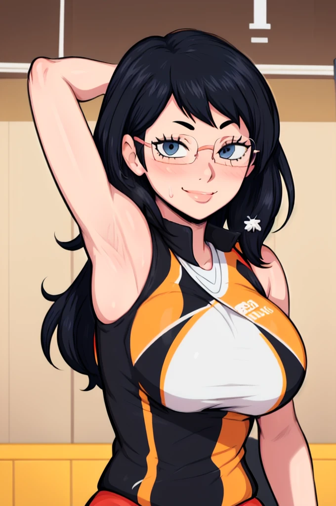 masterpiece, best quality, shimizu kiyoko, looking at viewer, black hair, blue eyes color, very large breasts, upper body, portrait, looking at viewer, seductive smile, volleyball gym, armpits, armpits visible, sweaty armpits, wearing black orange volleyball uniform, wearing glasses, two braid hair