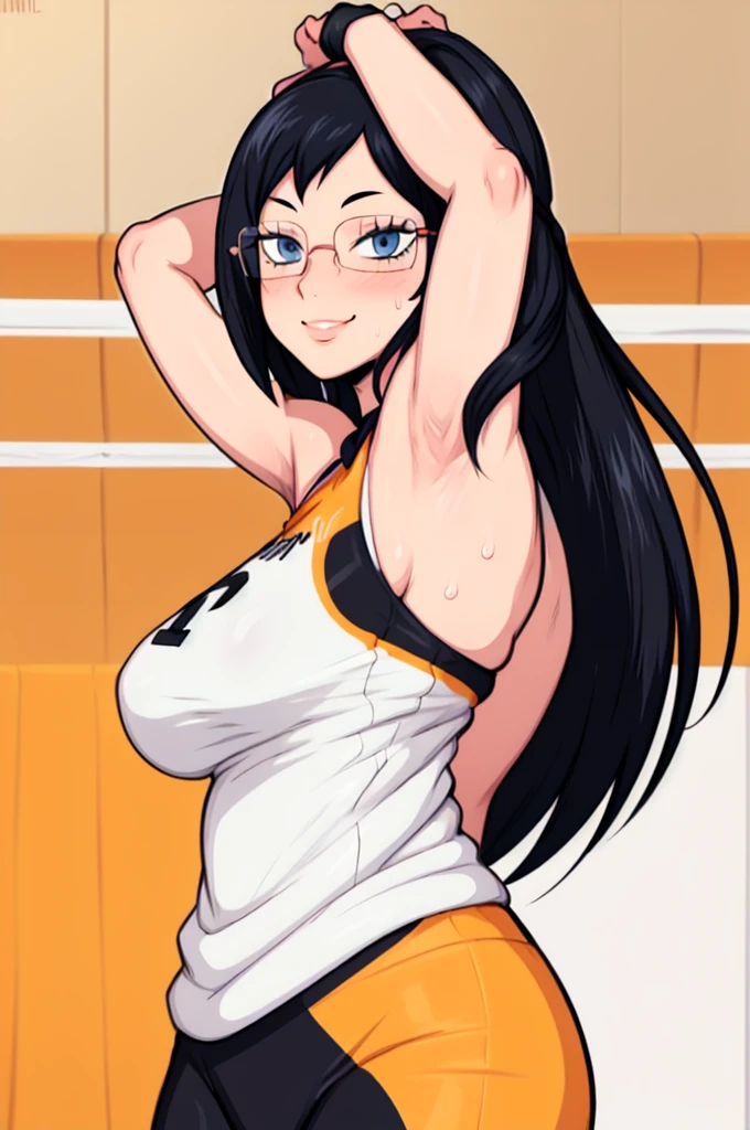 masterpiece, best quality, shimizu kiyoko, looking at viewer, black hair, blue eyes color, very large breasts, upper body, portrait, looking at viewer, seductive smile, volleyball gym, armpits, armpits visible, sweaty armpits, wearing black orange volleyball uniform, wearing glasses, two braid hair