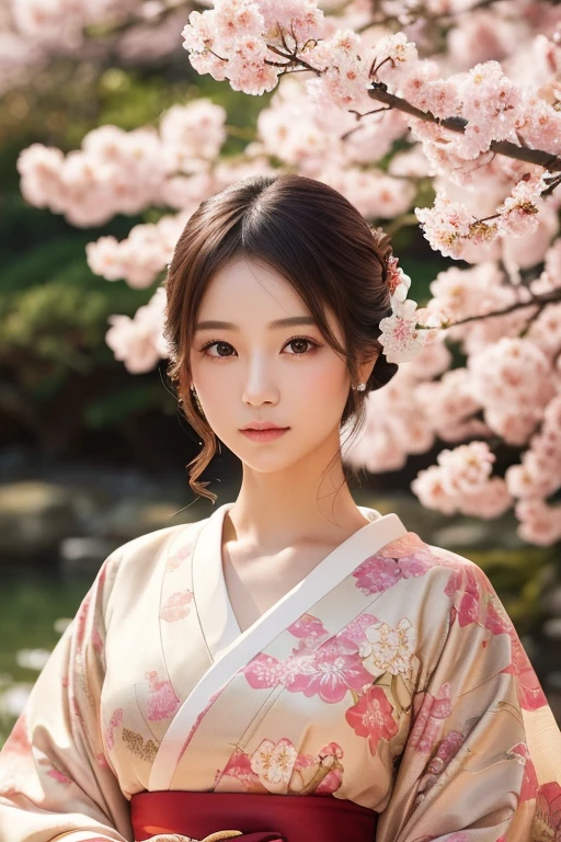 a beautiful, elegant young Japanese woman, 1girl, beautiful detailed eyes, beautiful detailed lips, extremely detailed face and features, long eyelashes, wearing a beautiful kimono, standing in a traditional Japanese garden with cherry blossom trees, natural lighting, (best quality, 4k, 8k, highres, masterpiece:1.2), ultra-detailed, (realistic, photorealistic, photo-realistic:1.37), intricate details, cinematic lighting, warm color tones, vibrant colors, delicate, graceful, serene, elegant, beautiful Japanese art style