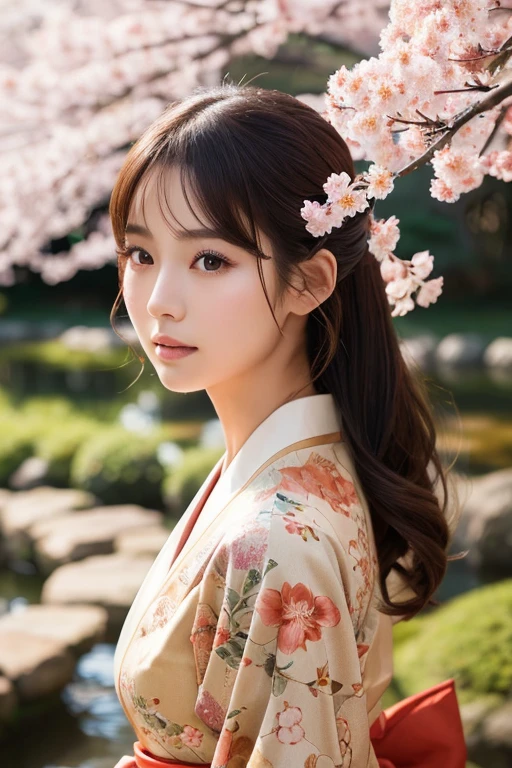 a beautiful, elegant young Japanese woman, 1girl, beautiful detailed eyes, beautiful detailed lips, extremely detailed face and features, long eyelashes, wearing a beautiful kimono, standing in a traditional Japanese garden with cherry blossom trees, natural lighting, (best quality, 4k, 8k, highres, masterpiece:1.2), ultra-detailed, (realistic, photorealistic, photo-realistic:1.37), intricate details, cinematic lighting, warm color tones, vibrant colors, delicate, graceful, serene, elegant, beautiful Japanese art style