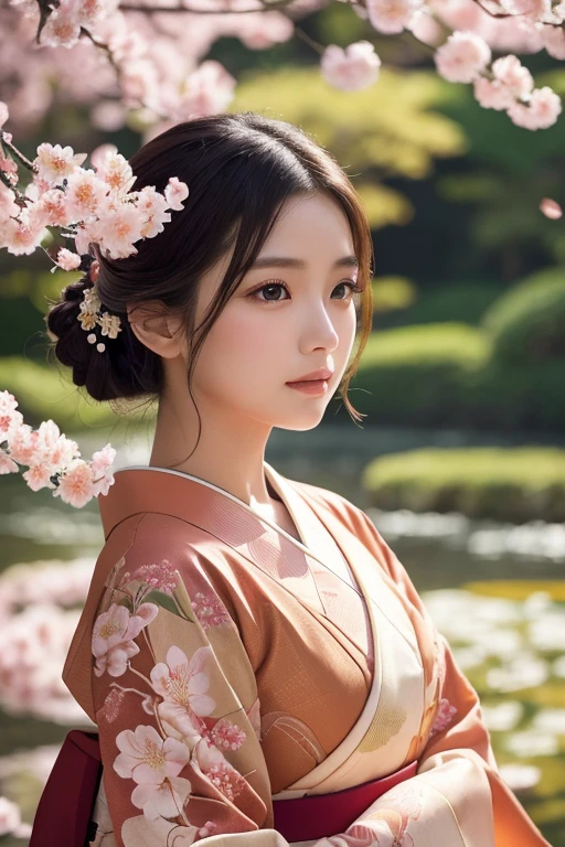 a beautiful, elegant young Japanese woman, 1girl, beautiful detailed eyes, beautiful detailed lips, extremely detailed face and features, long eyelashes, wearing a beautiful kimono, standing in a traditional Japanese garden with cherry blossom trees, natural lighting, (best quality, 4k, 8k, highres, masterpiece:1.2), ultra-detailed, (realistic, photorealistic, photo-realistic:1.37), intricate details, cinematic lighting, warm color tones, vibrant colors, delicate, graceful, serene, elegant, beautiful Japanese art style