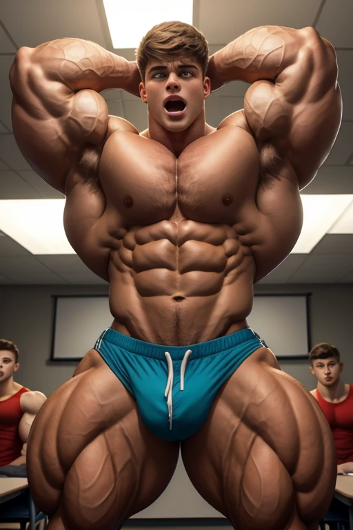 A normal young high school teenager standing in a classroom full of dumb jocks with dull glassy-eyed stares flexes and stares blankly ahead with open mouth as his muscles grow bigger and tear out of his tight shirt, assimilating to become dumber and dumber until he is just another stereotypical dumb brainwashed bodybuilder jock bro in a class of dumb jocks as he flexes with his new classmates, saying, "Give in to the swelling tide. The dumb jock grows. The old nerd dies." in dull mindless voice as he becomes just as dull and glassy-eyed. A less muscular student watches in horror, even as he starts to flex with them and his eyes become dull as he starts to become bigger and dumber, too. Hyper muscles. Big biceps. Big triceps. Big traps. Broad shoulders. Massive pecs. Strong abs. Bulging crotch. Hyper bulge. Bro. Brain to brawn. Brute. Assimilation. Hypnosis. Brainwashing.  Dumber and dumber. IQ drain. Compression gear. Hairy armpits. Bigger. Dumber. Hypnotized. Brainwashed. Open mouths.