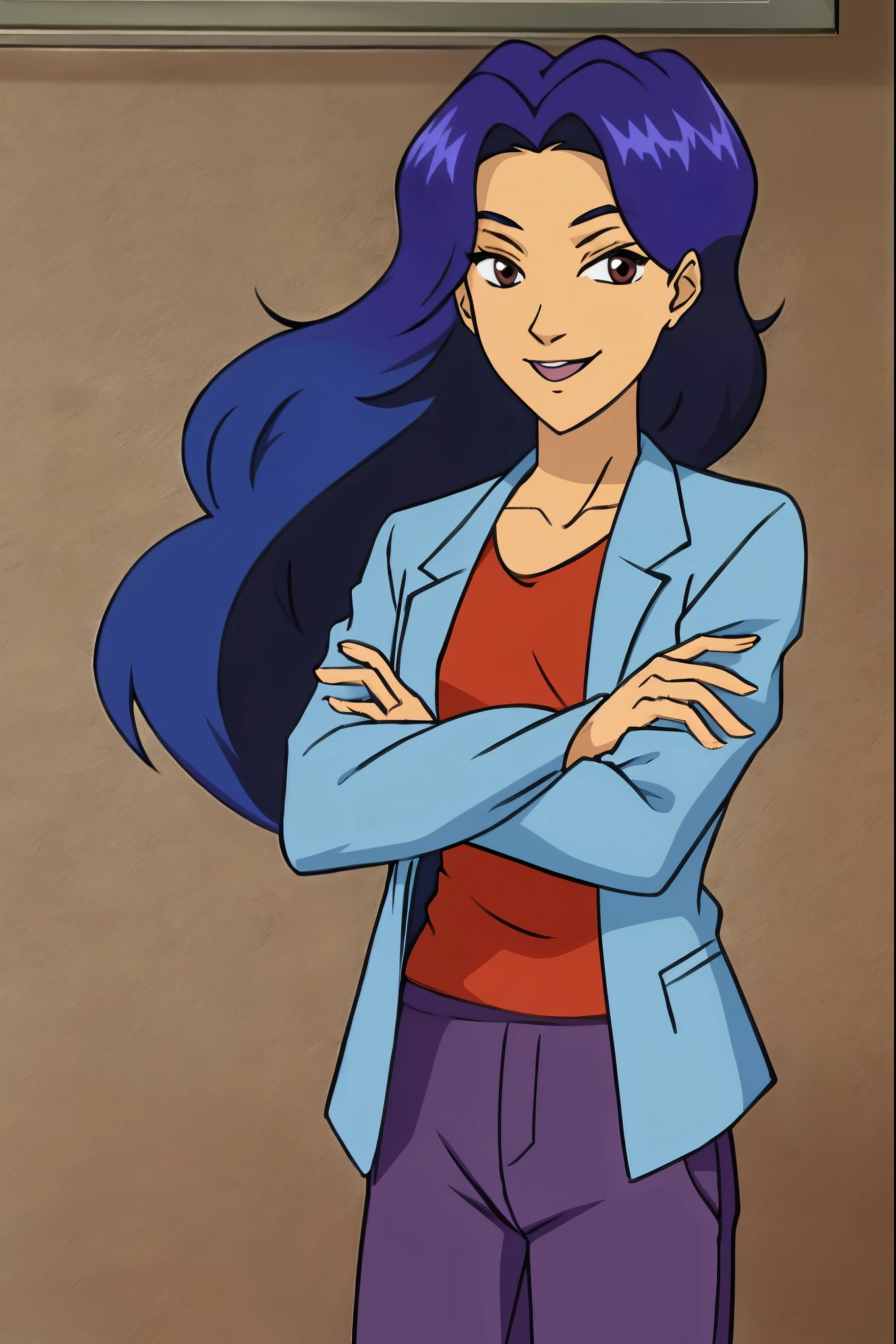 W.I.T.C.H., Susan Vamdom, brown eyes, long hair, blue hair, perfect body, brown skin, full body, light nlue shirt, purple pants, crossed arms, smilling