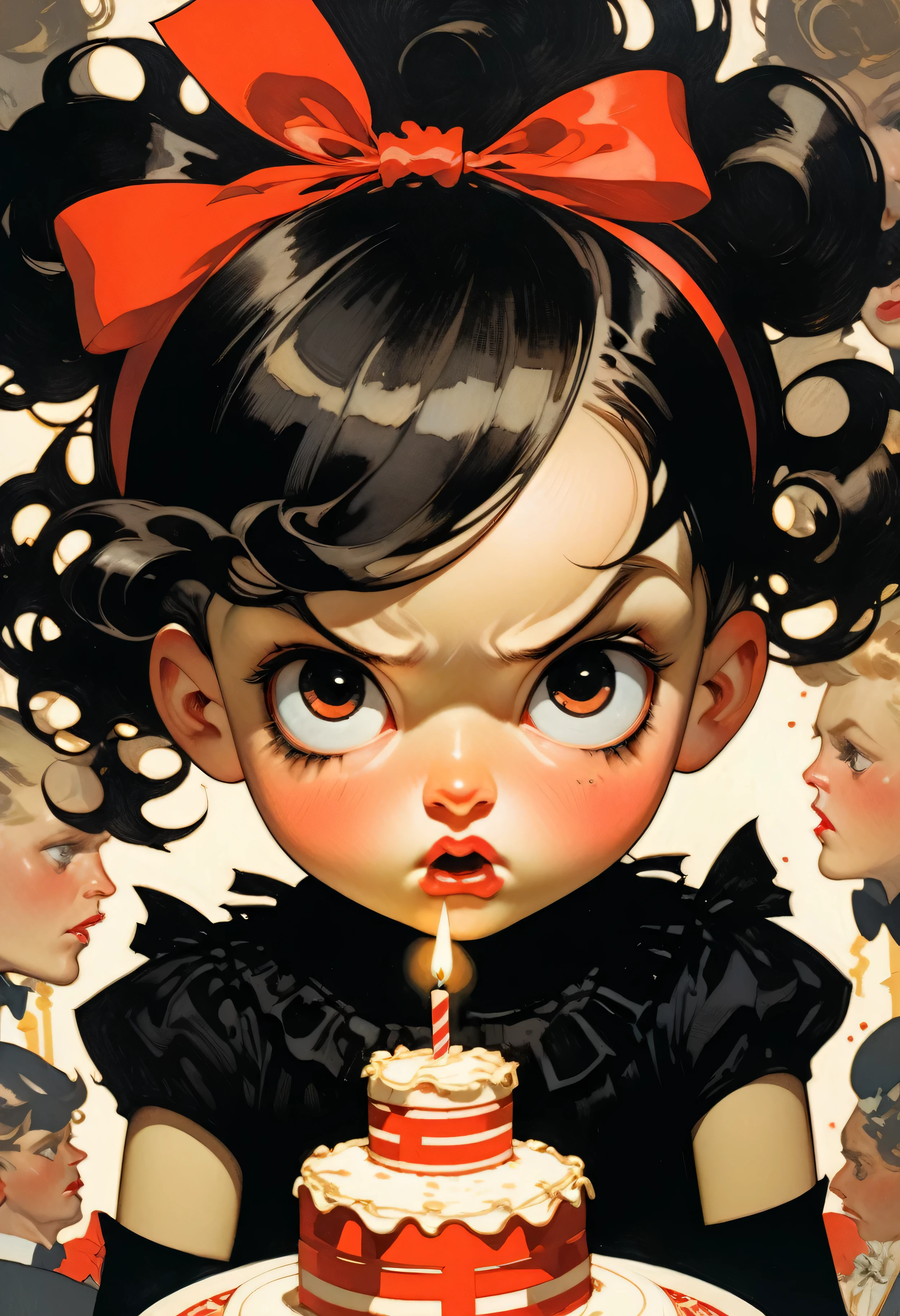 Painting of a beautiful young girl wearing a headband bow and sitting behind a birthday cake. Very dark night scene. Strong shadows. art by J.C. Leyendecker. She has dark shadows under her eyes, an angry expression on her face, and flushed cheeks. In stark contrast to the festive occasion, she seems disconnected from the joy that surrounds her. Presents are visible in the background, adding to the surreal atmosphere. Her hair is a striking mix of red and black, drawing attention to her defiant stance. This image captures an intense moment where innocence meets anger.extremely high-resolution details, photographic, realism pushed to extreme, fine texture, 4k, ultra-detailed, high quality, high contrast