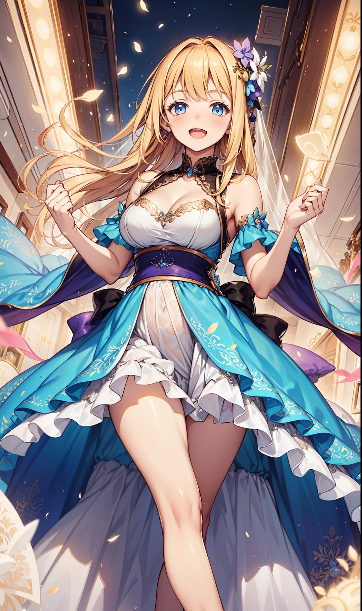 Top quality，Maximum resolution，20-year-old young woman，Obsessed，having fun，in love，Colorful wedding dress，Lilac cloth，See through transparent clothes，Dress nicely，A little lace，The only one，Blonde，Light blue eyes，night，Banquet hall,charm，Super Detail,Colorful streamers，Colorful clothes