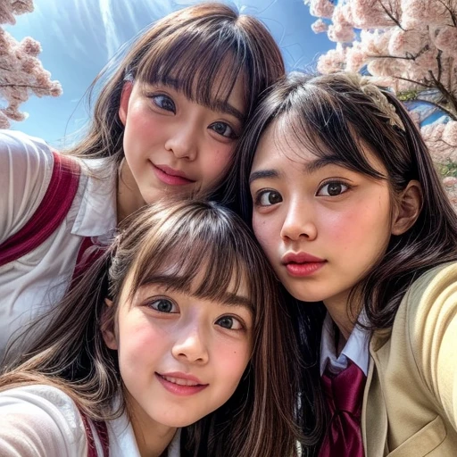 Best_Quality, HDR, masterpiece, Hi-Res, (realistic and photorealistic with touch of rawness:1.37), (group photo:1.6), ((3SchoolGirls Surrounding the camera in Upward composition)), Panoramic, (NOGIZAKA face variations:1.4), { Looking down at the camera | (Kissing face to face) }, (((close:1.2, Face closeup from below:1.4))), (((Sky background)) with CherryBlossoms) . BREAK  Extremely Detailed KAWAII face variations, captivating gaze, elaborate detailed Eyes with (sparkling highlights:1.32), long eyelashes、Glossy RED Lips with beautiful details, Coquettish tongue, Rosy cheeks, Glistening ivory skin . { (Dynamic joyful expressions) | (:D) | (Kissing) }, Childish, SchoolUniform, { Bangs | Hime cut  | OKAPPA } 