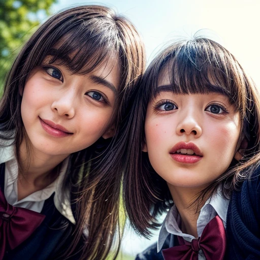 Best_Quality, HDR, masterpiece, Hi-Res, (realistic and photorealistic with touch of rawness:1.37), (group photo:1.6), ((3SchoolGirls Surrounding the camera in Upward composition)), Panoramic, (NOGIZAKA face variations:1.4), { Looking down at the camera | (Kissing face to face) }, (((close:1.2, Face closeup from below:1.4))), (((Sky background)) with CherryBlossoms) . BREAK  Extremely Detailed KAWAII face variations, captivating gaze, elaborate detailed Eyes with (sparkling highlights:1.32), long eyelashes、Glossy RED Lips with beautiful details, Coquettish tongue, Rosy cheeks, Glistening ivory skin . { (Dynamic joyful expressions) | (:D) | (Kissing) }, Childish, SchoolUniform, { Bangs | Hime cut  | OKAPPA } 