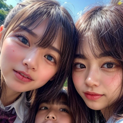 Best_Quality, HDR, masterpiece, Hi-Res, (realistic and photorealistic with touch of rawness:1.37), (group photo:1.6), ((3SchoolGirls Surrounding the camera in Upward composition)), Panoramic, (NOGIZAKA face variations:1.4), { Looking down at the camera | (Kissing face to face) }, (((close:1.2, Face closeup from below:1.4))), (((Sky background)) with CherryBlossoms) . BREAK  Extremely Detailed KAWAII face variations, captivating gaze, elaborate detailed Eyes with (sparkling highlights:1.32), long eyelashes、Glossy RED Lips with beautiful details, Coquettish tongue, Rosy cheeks, Glistening ivory skin . { (Dynamic joyful expressions) | (:D) | (Kissing) }, Childish, SchoolUniform, { Bangs | Hime cut  | OKAPPA } 