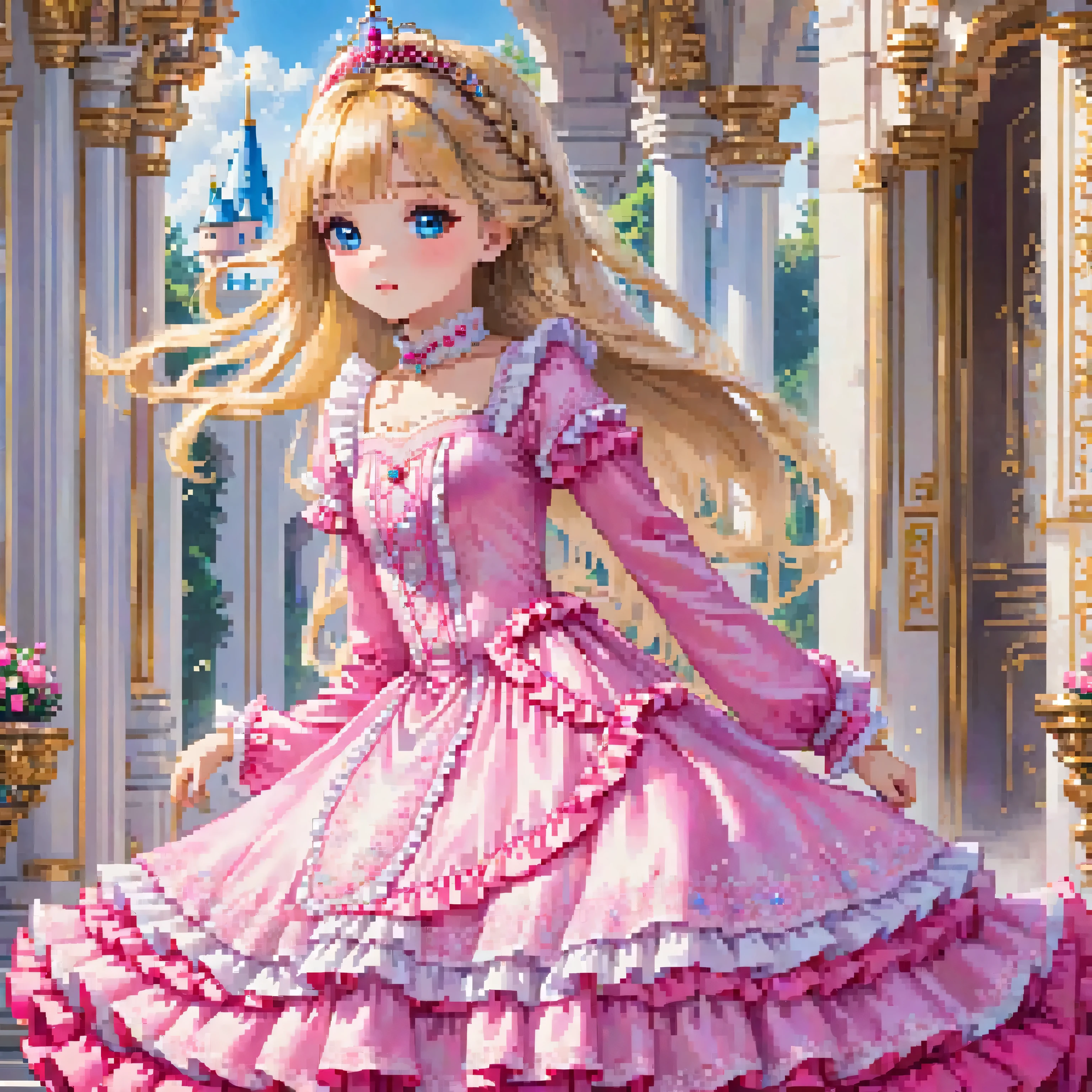 ,highest quality, masterpiece, highest resolution, artwork, 3K realistic photos,,((10 year old little girls)),Super detailed baby face,both are princesses,Full length ball gown dress with hoop skirt,ruffled yoke collar,Detailed braided ribbon on chest,puff sleeves,long sleeve,((Lolita style hot pink detailed princess satin dress、Comes with lots of frills and ribbons。)),shiny silk satin dress,soft and smooth silk satin fabric,luxury,Very long blonde hair,blue eyes,white skin european,pajamas,((Outside the palace)),Princess dancing happily,gorgeous flowing dress,fine white frills and lace,Super long hair that is as tall as your body,the princess is running
