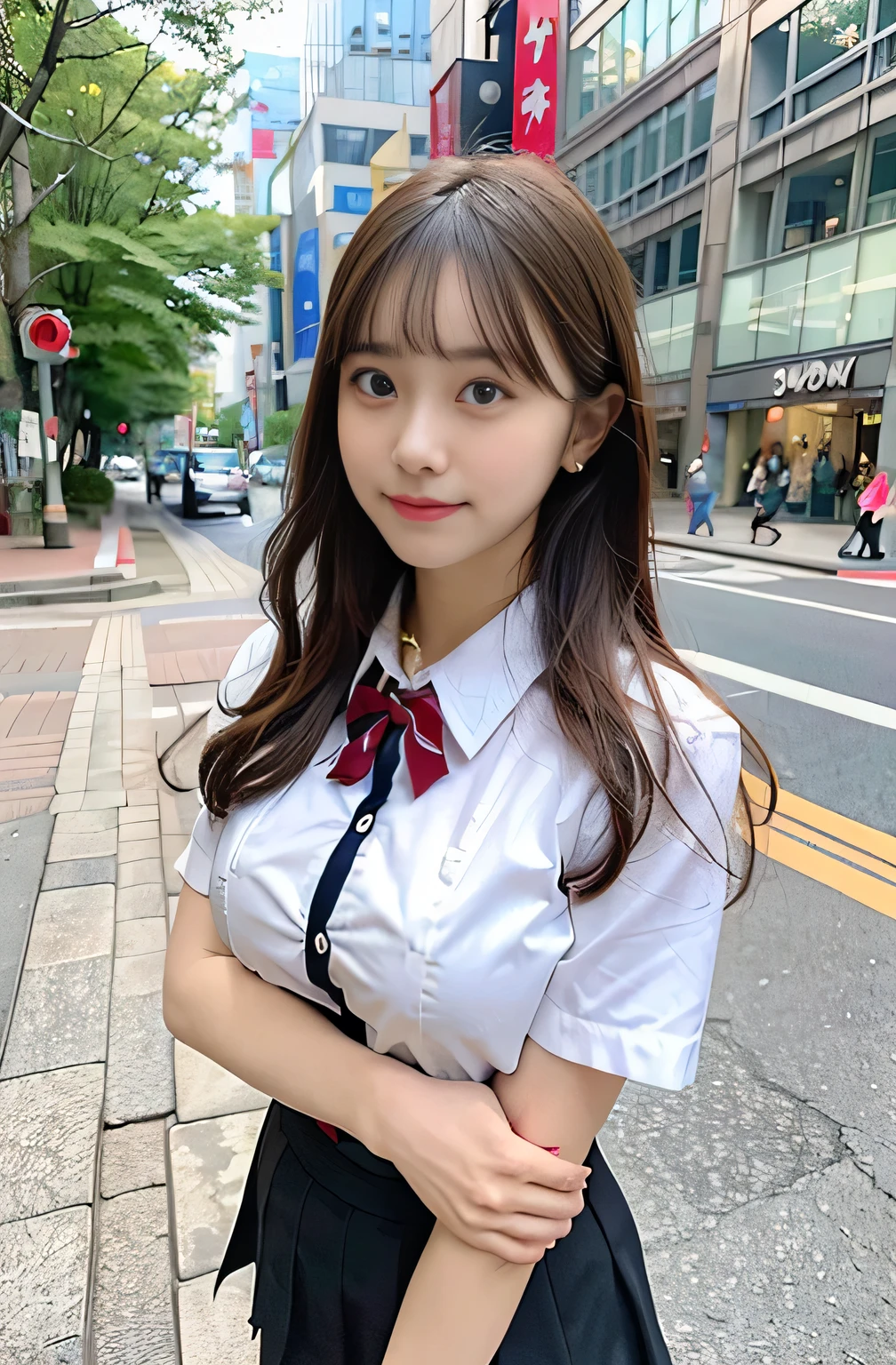 sidewalk, RAW photo, 8K, highest quality, super high resolution, beautiful face details, real human skin, gentle expression, front view, angle from below, long hair, realistic, realistic, cute, short skirt, standing deep in the city, cute , japanese uniform, wearing Japanese , surreal high school girl, full body, Large Breasts,
