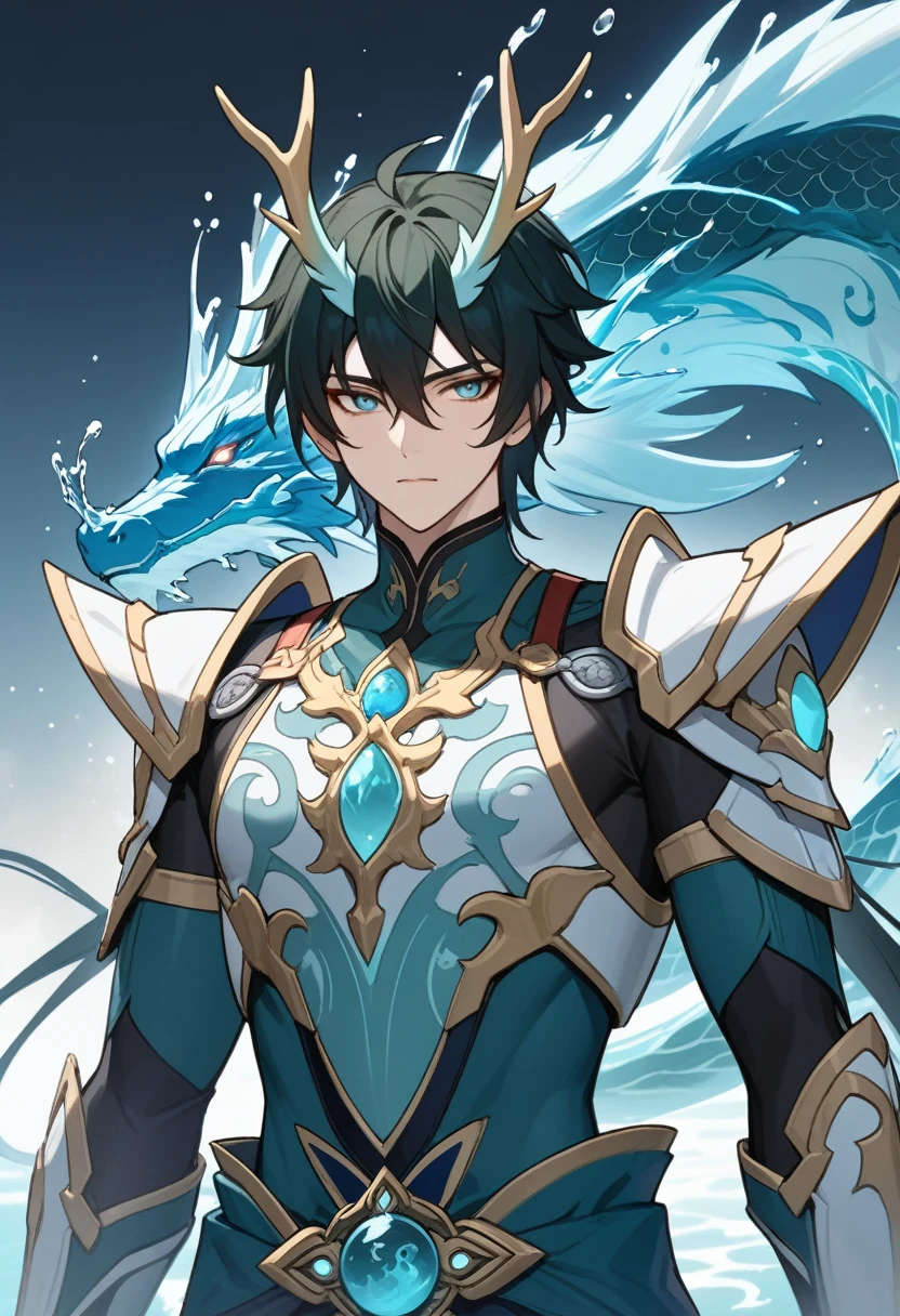 (DAN Heng - Imbibitor Lunae) , masterpiece, alternate mecha dragon armor, abstact Chinese water dragon,man,feature,Honkai Star Rail,water Elemental, upper body,