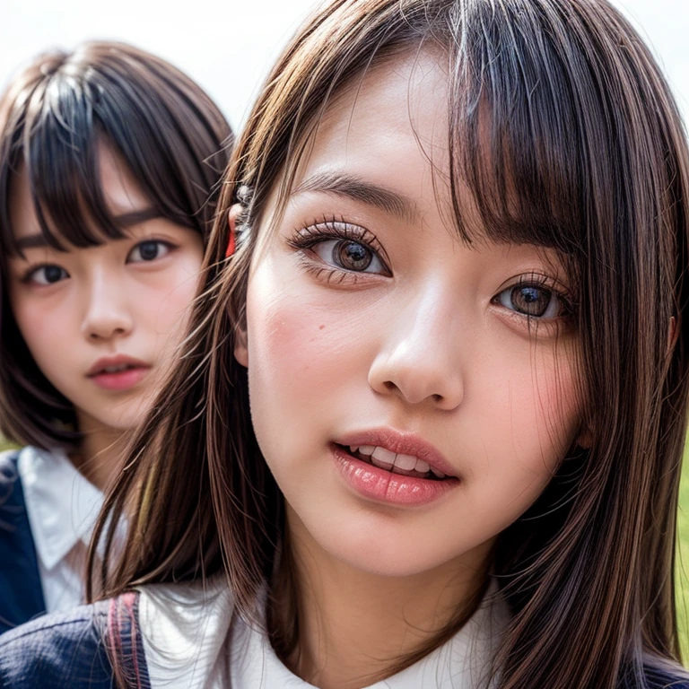 Best_Quality, HDR, masterpiece, Hi-Res, (realistic and photorealistic with touch of rawness:1.37), (group photo:1.6), ((3SchoolGirls Surrounding the camera in Upward composition)), Panoramic, (NOGIZAKA face variations:1.4), { Looking down at the camera | (Kissing face to face) }, (((close:1.2, Face closeup from below:1.4))), (((Sky background)) with CherryBlossoms) . BREAK  Extremely Detailed KAWAII face variations, captivating gaze, elaborate detailed Eyes with (sparkling highlights:1.32), long eyelashes、Glossy RED Lips with beautiful details, Coquettish tongue, Rosy cheeks, Glistening ivory skin . { (Dynamic joyful expressions) | (:D) | (Kissing) }, Childish, SchoolUniform, { Bangs | Hime cut  | OKAPPA } 