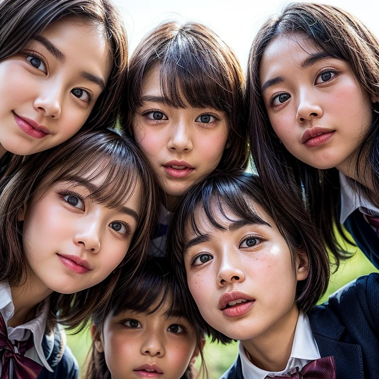 Best_Quality, HDR, masterpiece, Hi-Res, (realistic and photorealistic with touch of rawness:1.37), (group photo:1.6), ((3SchoolGirls Surrounding the camera in Upward composition)), Panoramic, (NOGIZAKA face variations:1.4), { Looking down at the camera | (Kissing face to face) }, (((close:1.2, Face closeup from below:1.4))), (((Sky background)) with CherryBlossoms) . BREAK  Extremely Detailed KAWAII face variations, captivating gaze, elaborate detailed Eyes with (sparkling highlights:1.32), long eyelashes、Glossy RED Lips with beautiful details, Coquettish tongue, Rosy cheeks, Glistening ivory skin . { (Dynamic joyful expressions) | (:D) | (Kissing) }, Childish, SchoolUniform, { Bangs | Hime cut  | OKAPPA } 