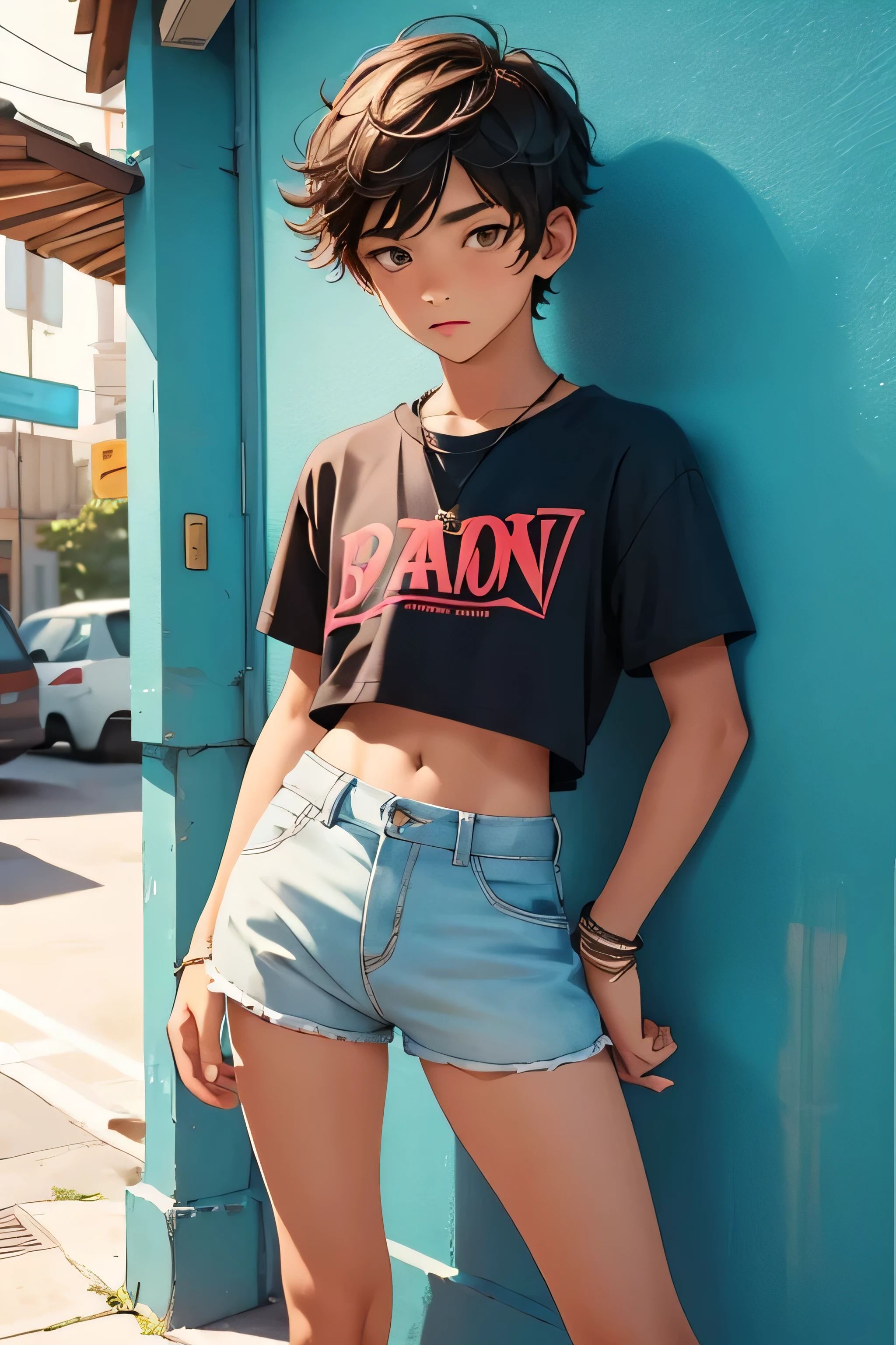 Teenage boy ************, the boy is wearing a cropped shirt and too very much short mini shorts, the boy's legs are long and beautiful, his legs are very tanned, hot summer, top quality