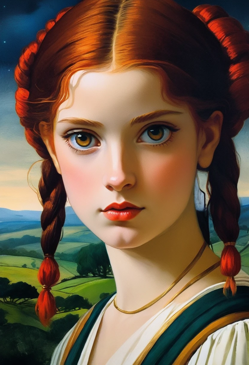 [[(Close-up of the face: (young Hera Hilmar) (solo) with big eyes and a red short hair pigtails twins, pores / facial hairs)((Agnolo Bronzino / Jerry-Pinkney style!!!))])):20]/[background: landscape
 dark Renaissance, old canva, (noir night), ((landscape style Alexey Savrasov:1,6))]/[two-color lighting, ((oil painting palette knife))((masterpiece)),((highest detail))]]