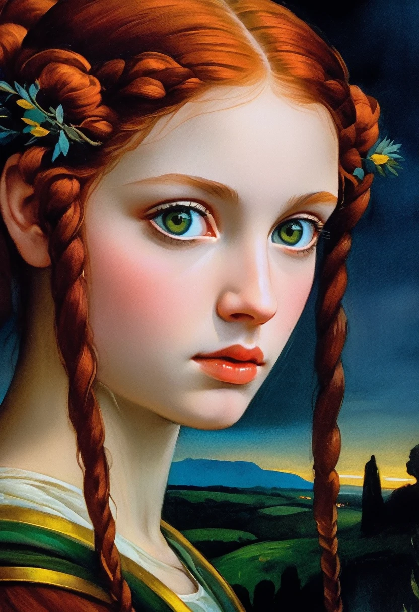 [[(Close-up of the face: (young Hera Hilmar) (solo) with big eyes and a red short hair pigtails twins, pores / facial hairs)((Agnolo Bronzino / Jerry-Pinkney style!!!))])):20]/[background: landscape
 dark Renaissance, old canva, (noir night), ((landscape style Alexey Savrasov:1,6))]/[two-color lighting, ((oil painting palette knife))((masterpiece)),((highest detail))]]