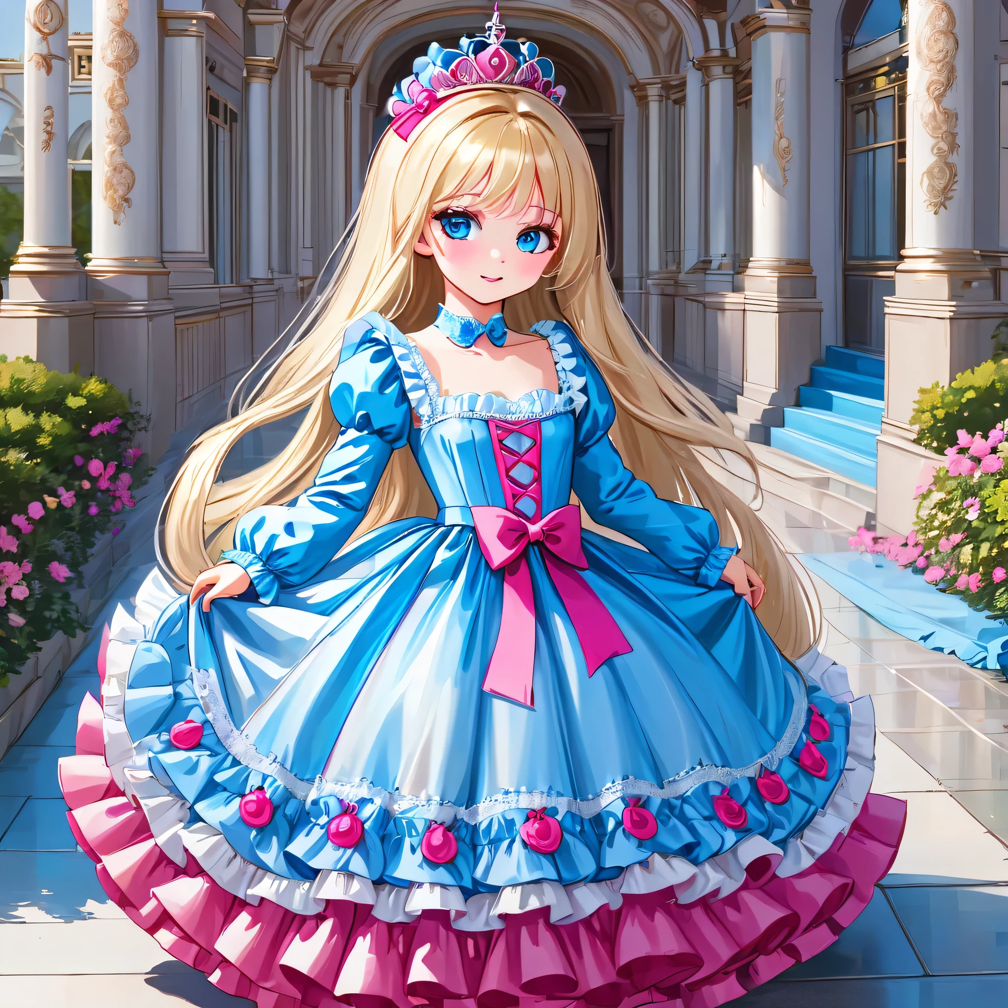 ,highest quality, masterpiece, highest resolution, artwork, 3K realistic photos,,(()),Super detailed baby face,both are prFull length ball gown dress with hoop skirt,ruffled yoke collar,Detailed braided ribbon on chest,puff sleeves,long sleeve,((Lolita style hot pink detailed princess satin dress、Comes with lots of frills and ribbons。)),shiny silk satin dress,soft and smooth silk satin fabric,luxury,Very long blonde hair,blue eyes,white skin european,pajamas,((Outside the palace)),Princess dancing happily,gorgeous flowing dress,fine white frills and lace,Super long hair that is as tall as your body,the princess is running