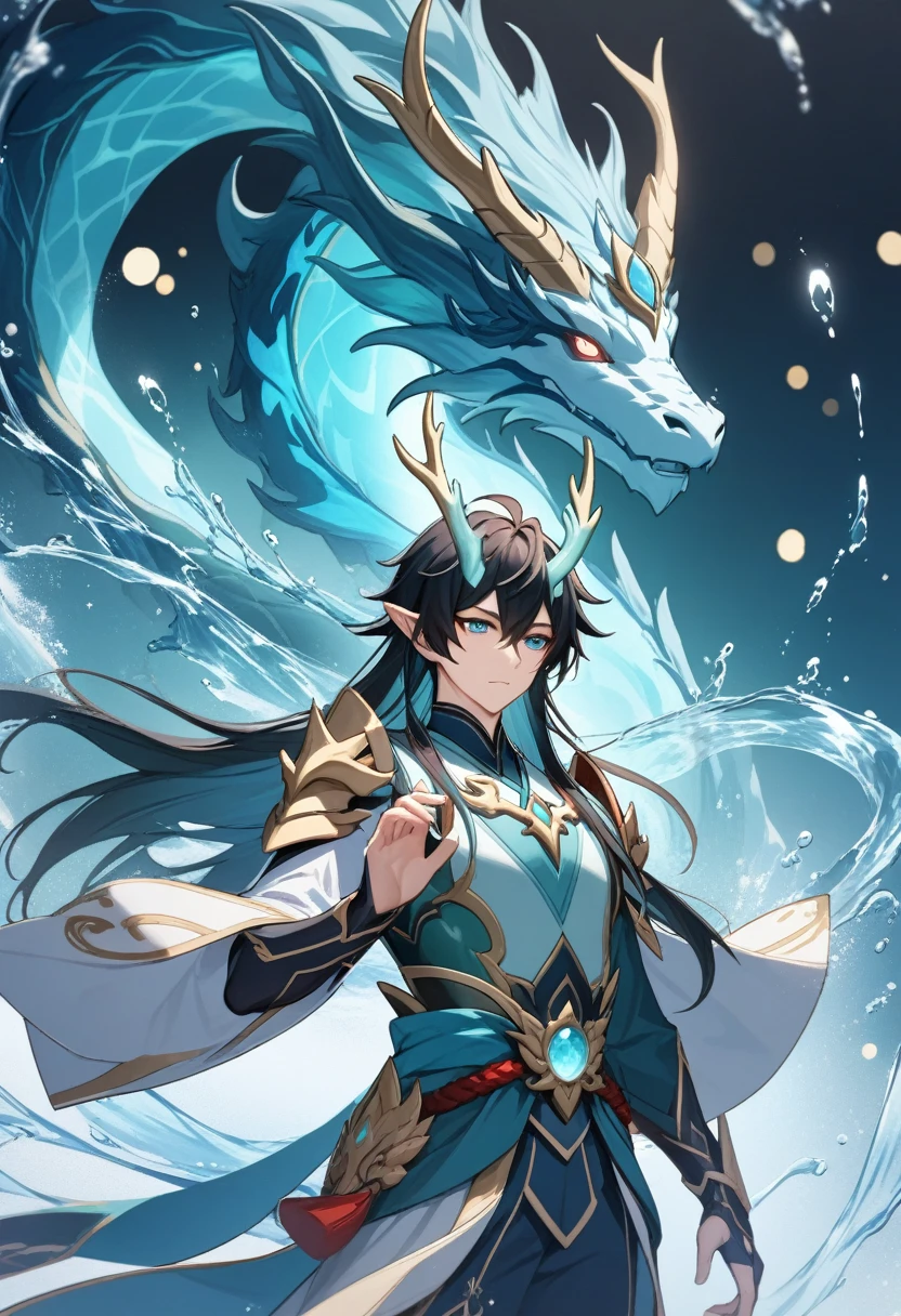 （DAN Heng - Imbibitor Lunae) , masterpiece, alternate robot dragon armor, abstact Chinese water dragon，man，feature，Honkai Star Rail，water Elemental, upper body, water aura background