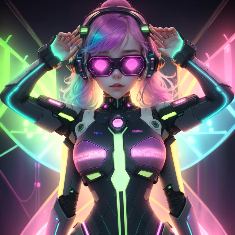 Cyborg girl in full-length holograms, random pose, rainbow glasses, science fiction, 8k, high quality, beautiful, bright colors, cyberpunk, neon glowing hair, cosmic background, (masterpiece), (high detail), (surrealism), Colorsplash