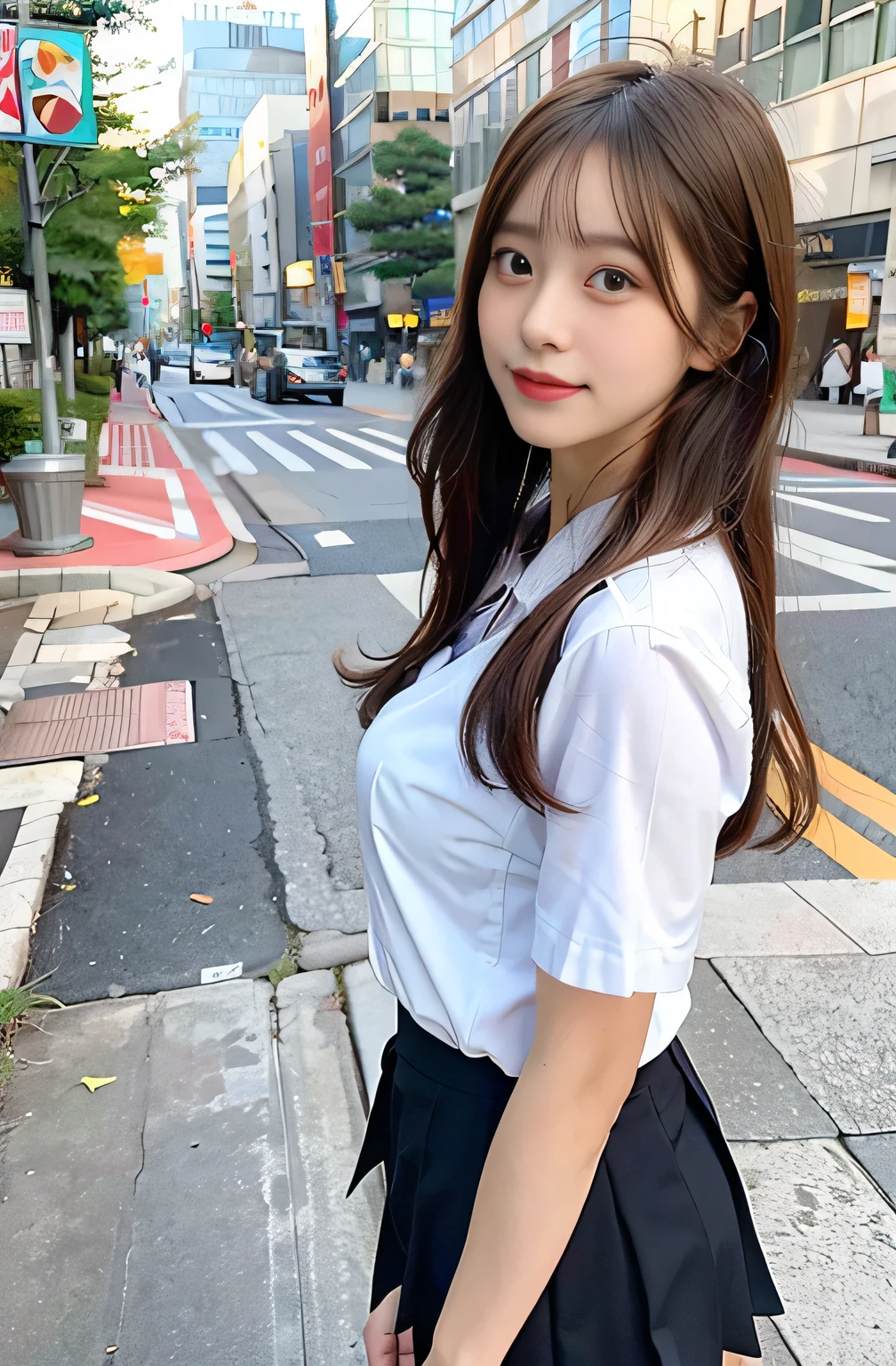 sidewalk, RAW photo, 8K, highest quality, super high resolution, beautiful face details, real human skin, gentle expression, front view, angle from below, long hair, realistic, realistic, cute, short skirt, standing deep in the city, cute , japanese  uniform, wearing Japanese , surreal high school girl, full body, Large Breasts,