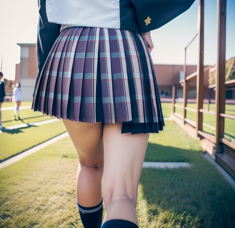 (highest quality, 8k, masterpiece: 1.3)), Ultra-realistic, RAW Photos, Rich colors, Realistic, Backwards,Back Angle,(Japanese,high school girl,uniform,Beautiful legs:1.5),Low - Angle,