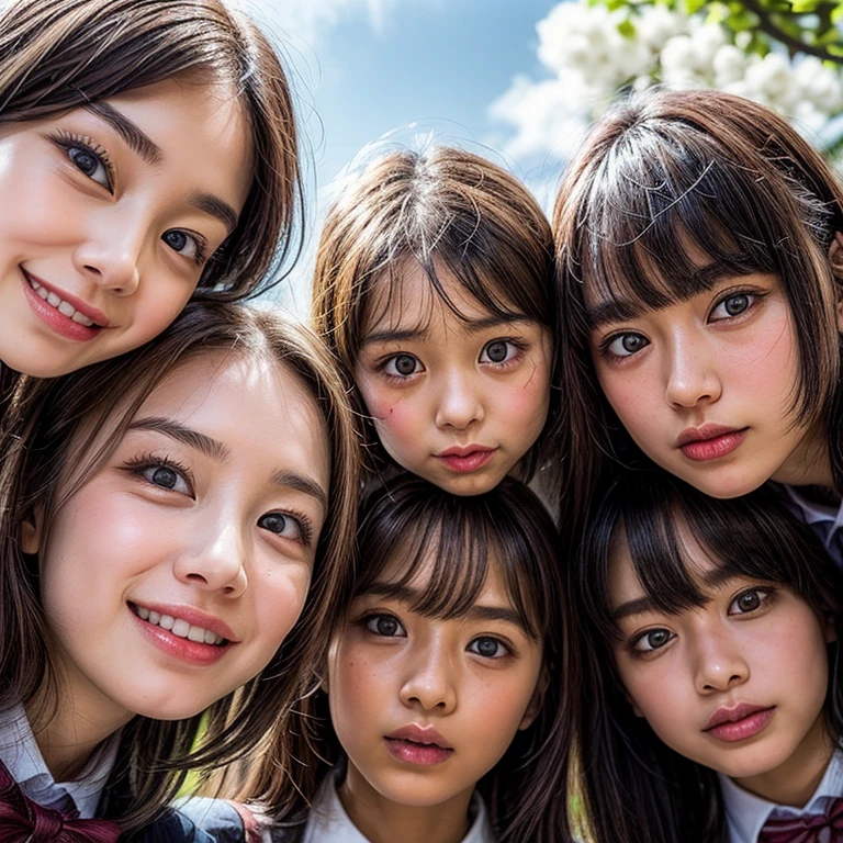 Best_Quality, HDR, masterpiece, Hi-Res, (realistic and photorealistic with touch of rawness:1.37), (group photo:1.6), ((3SchoolGirls Surrounding the camera in Upward composition)), Panoramic, (NOGIZAKA face variations:1.4), { Looking down at the camera | (Kissing face to face) }, (((close:1.2, Face closeup from below:1.4))), (((Sky background)) with CherryBlossoms) . BREAK  Extremely Detailed KAWAII face variations, captivating gaze, elaborate detailed Eyes with (sparkling highlights:1.32), long eyelashes、Glossy RED Lips with beautiful details, Coquettish tongue, Rosy cheeks, Glistening ivory skin . { (Dynamic joyful expressions) | (:D) | (Kissing) }, Childish, SchoolUniform, { Bangs | Hime cut  | OKAPPA } 