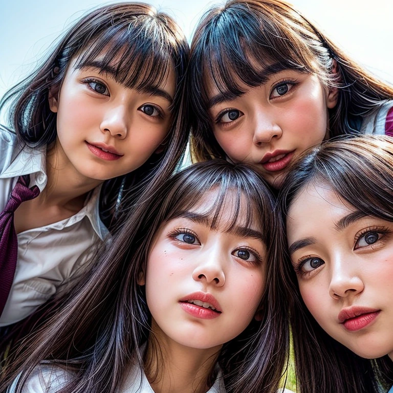 Best_Quality, HDR, masterpiece, Hi-Res, (realistic and photorealistic with touch of rawness:1.37), (group photo:1.6), ((3SchoolGirls Surrounding the camera in Upward composition)), Panoramic, (NOGIZAKA face variations:1.4), { Looking down at the camera | (Kissing face to face) }, (((close:1.2, Face closeup from below:1.4))), (((Sky background)) with CherryBlossoms) . BREAK  Extremely Detailed KAWAII face variations, captivating gaze, elaborate detailed Eyes with (sparkling highlights:1.32), long eyelashes、Glossy RED Lips with beautiful details, Coquettish tongue, Rosy cheeks, Glistening ivory skin . { (Dynamic joyful expressions) | (:D) | (Kissing) }, Childish, SchoolUniform, { Bangs | Hime cut  | OKAPPA } 